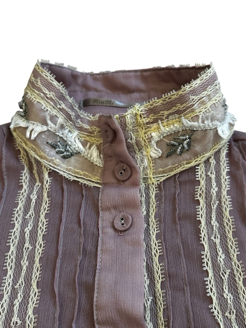 Miss Me chiffon button up blouse with lace and beading semi sheer - Picture 3 of 5
